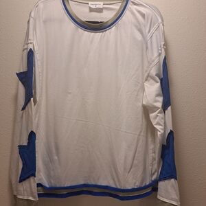 White Long Sleeve Shirt with Blue Star Accents